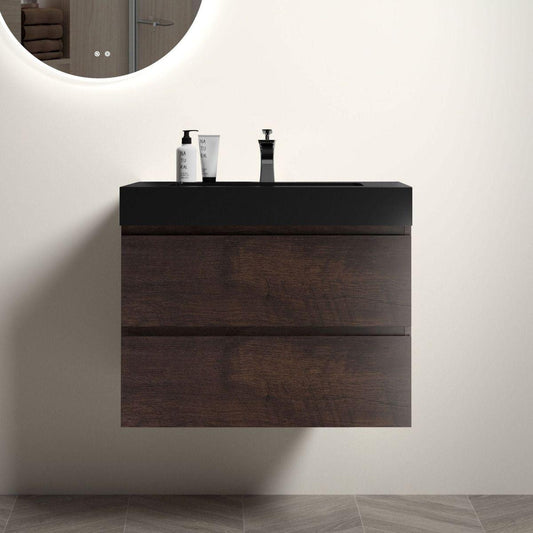 Alice 30" Walnut Bathroom Vanity with Sink, Large Storage Wall Mounted Floating Bathroom Vanity for Modern Bathroom, One-Piece Black Sink Basin without Drain and Faucet, Pre-assembled