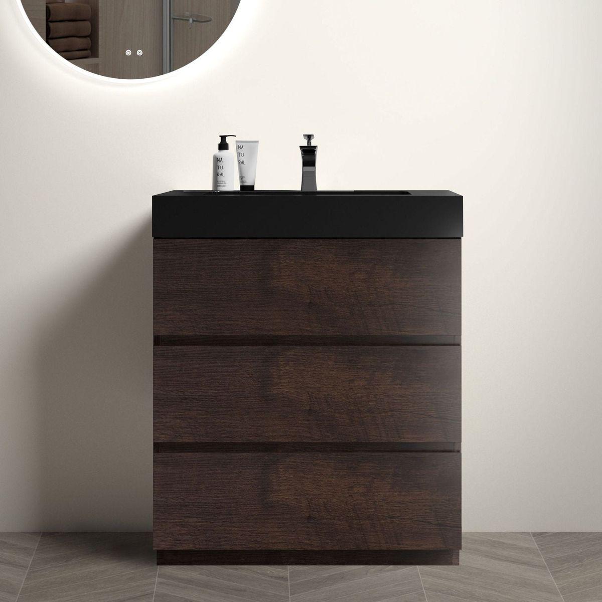 Alice 30" Walnut Bathroom Vanity with Sink, Large Storage Freestanding Bathroom Vanity for Modern Bathroom, One-Piece Black Sink Basin without Drain and Faucet, Pre-assembled