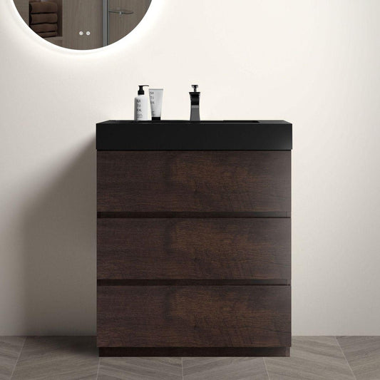 Alice 30" Walnut Bathroom Vanity with Sink, Large Storage Freestanding Bathroom Vanity for Modern Bathroom, One-Piece Black Sink Basin without Drain and Faucet, Pre-assembled