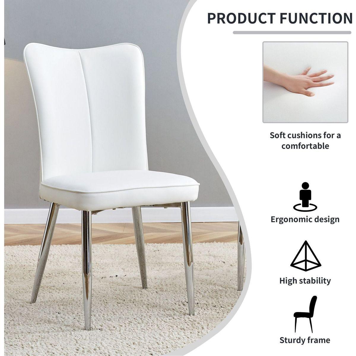 Modern minimalist dining chairs, office chairs. 2-piece set of white PU seats with silver metal legs. Suitable for restaurants, living rooms, and offices.