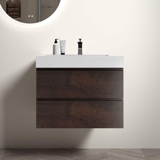 Alice 30" Walnut Bathroom Vanity with Sink, Large Storage Wall Mounted Floating Bathroom Vanity for Modern Bathroom, One-Piece White Sink Basin without Drain and Faucet, Pre-assembled