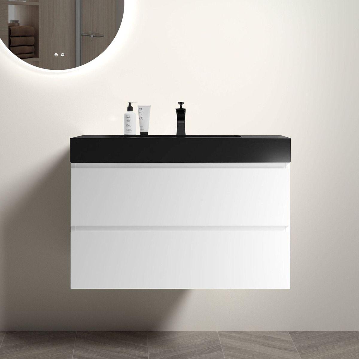 Alice 36" White Bathroom Vanity with Sink, Large Storage Wall Mounted Floating Bathroom Vanity for Modern Bathroom, One-Piece Black Sink Basin without Drain and Faucet, Pre-assembled