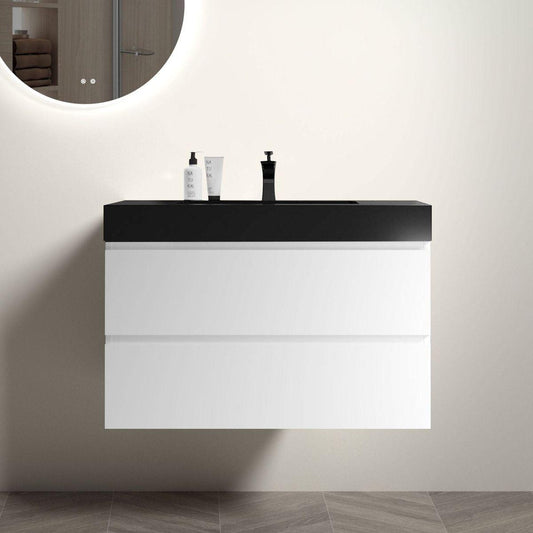 Alice 36" White Bathroom Vanity with Sink, Large Storage Wall Mounted Floating Bathroom Vanity for Modern Bathroom, One-Piece Black Sink Basin without Drain and Faucet, Pre-assembled