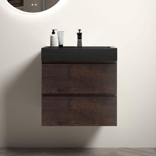 Alice 24" Walnut Bathroom Vanity with Sink, Large Storage Wall Mounted Floating Bathroom Vanity for Modern Bathroom, One-Piece Black Sink Basin without Drain and Faucet, Pre-assembled