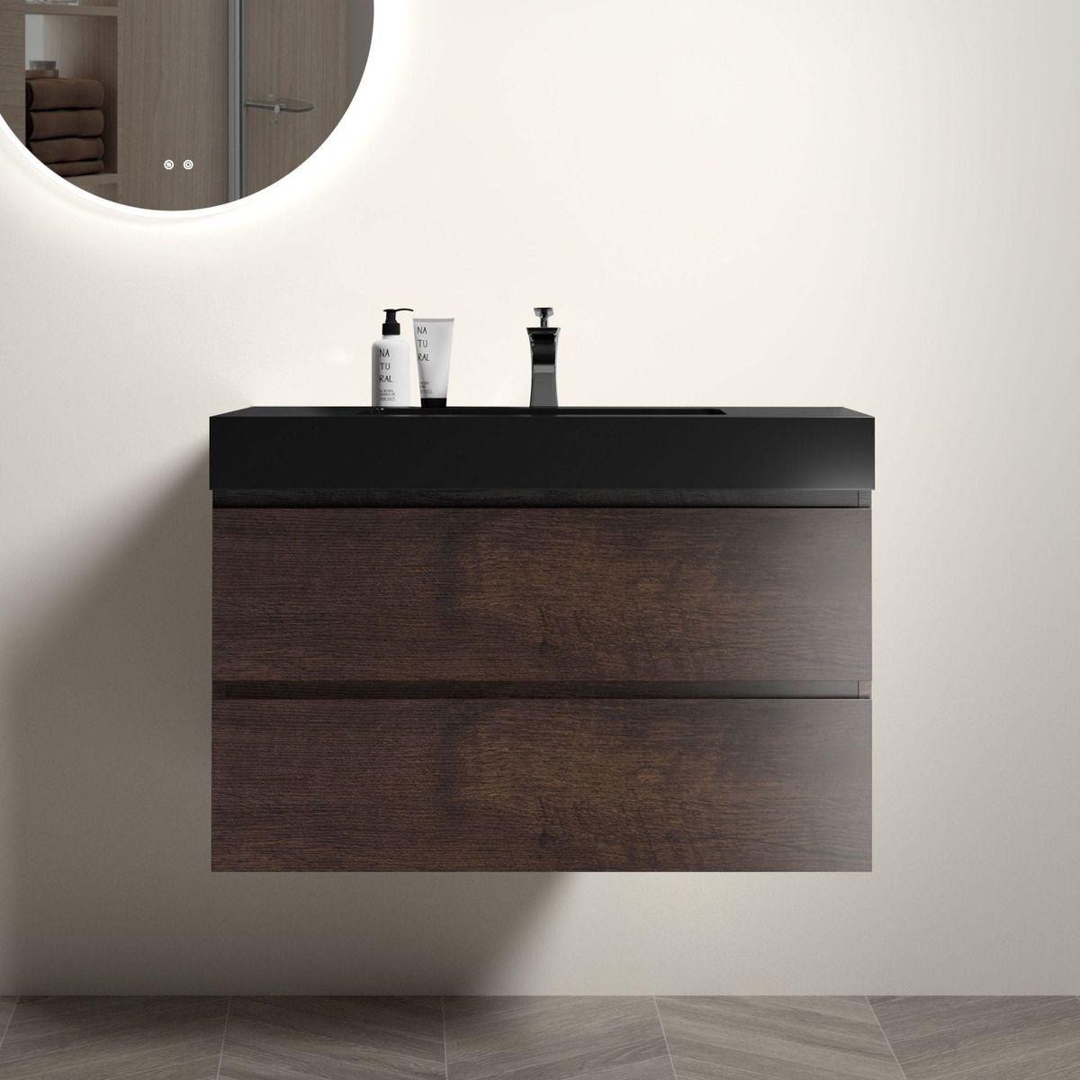 Alice 36" Walnut Bathroom Vanity with Sink, Large Storage Wall Mounted Floating Bathroom Vanity for Modern Bathroom, One-Piece Black Sink Basin without Drain and Faucet, Pre-assembled