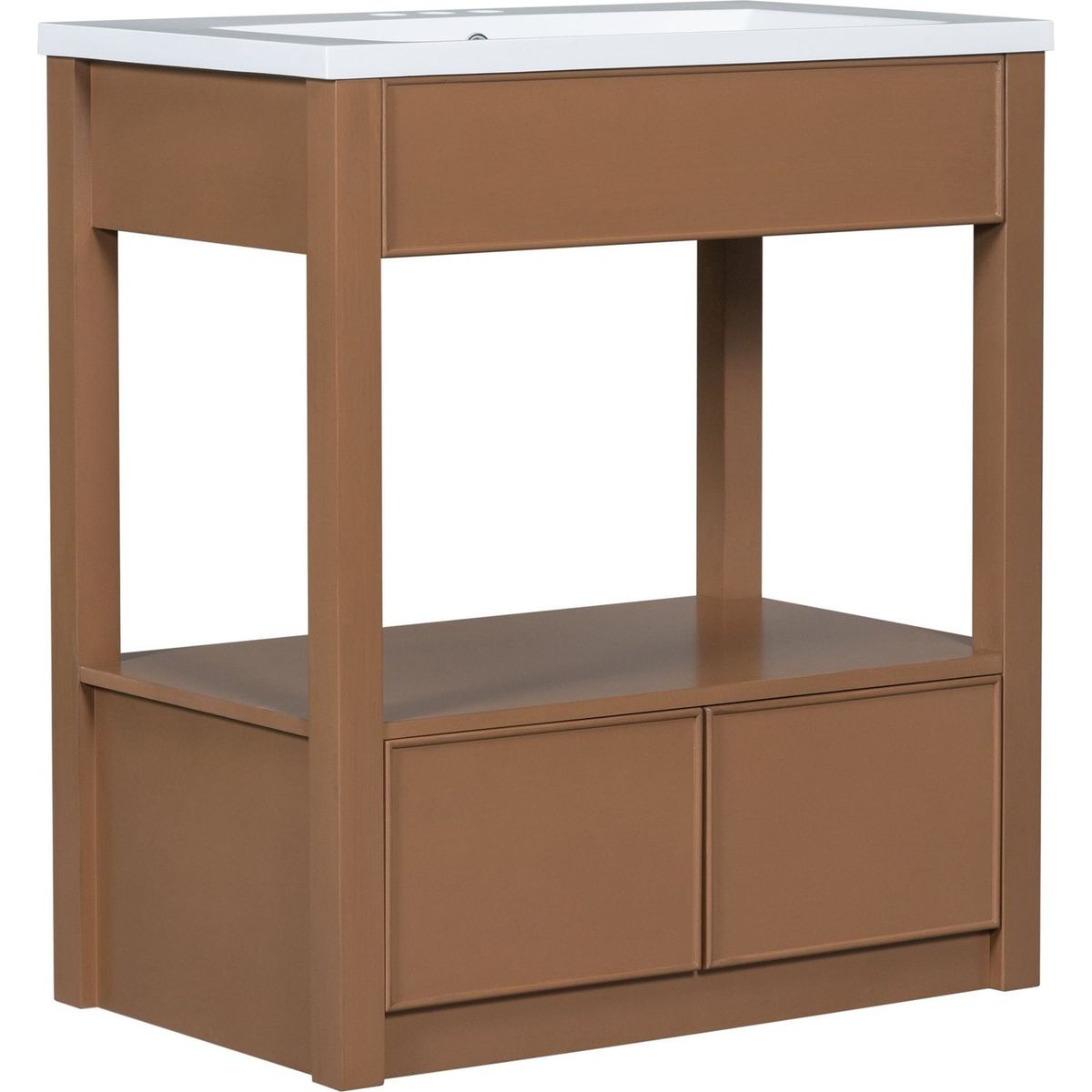 30" Bathroom Vanity with Sink Top, Bathroom Cabinet with Open Storage Shelf and Two Drawers, Brown