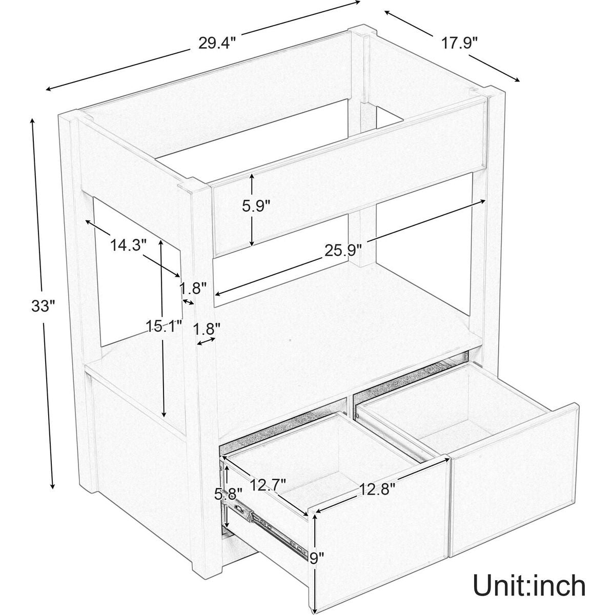 30" Bathroom Vanity without Sink Top, Cabinet Base Only, Open Storage Shelf and Two Drawers, Brown