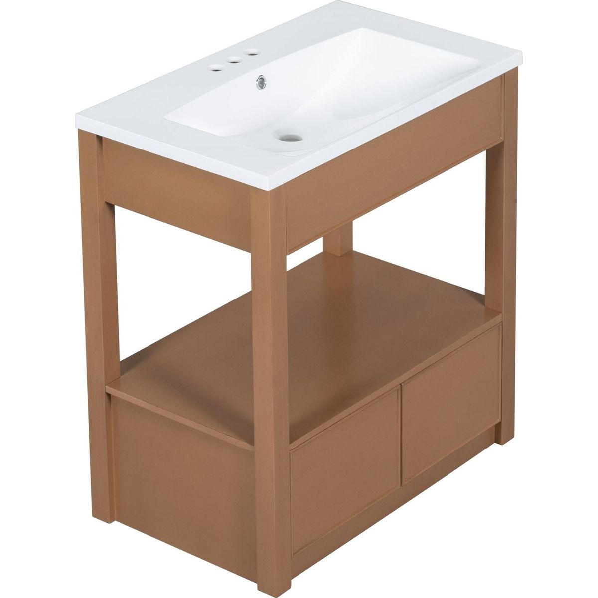 30" Bathroom Vanity with Sink Top, Bathroom Cabinet with Open Storage Shelf and Two Drawers, Brown