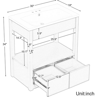 30" Bathroom Vanity with Sink Top, Bathroom Cabinet with Open Storage Shelf and Two Drawers, Brown