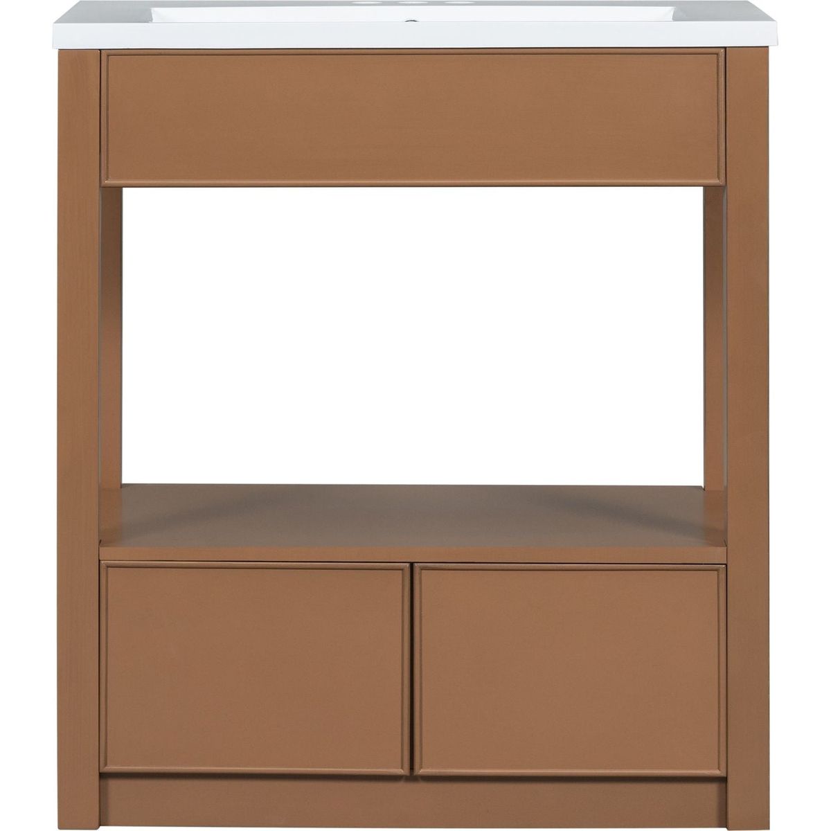 30" Bathroom Vanity with Sink Top, Bathroom Cabinet with Open Storage Shelf and Two Drawers, Brown