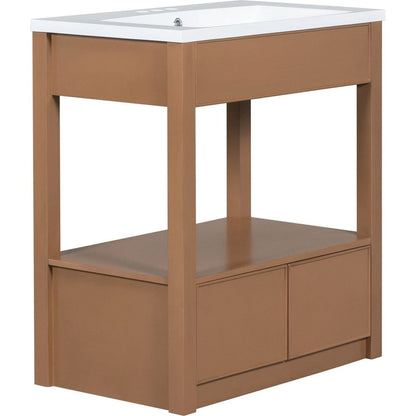 30" Bathroom Vanity with Sink Top, Bathroom Cabinet with Open Storage Shelf and Two Drawers, Brown