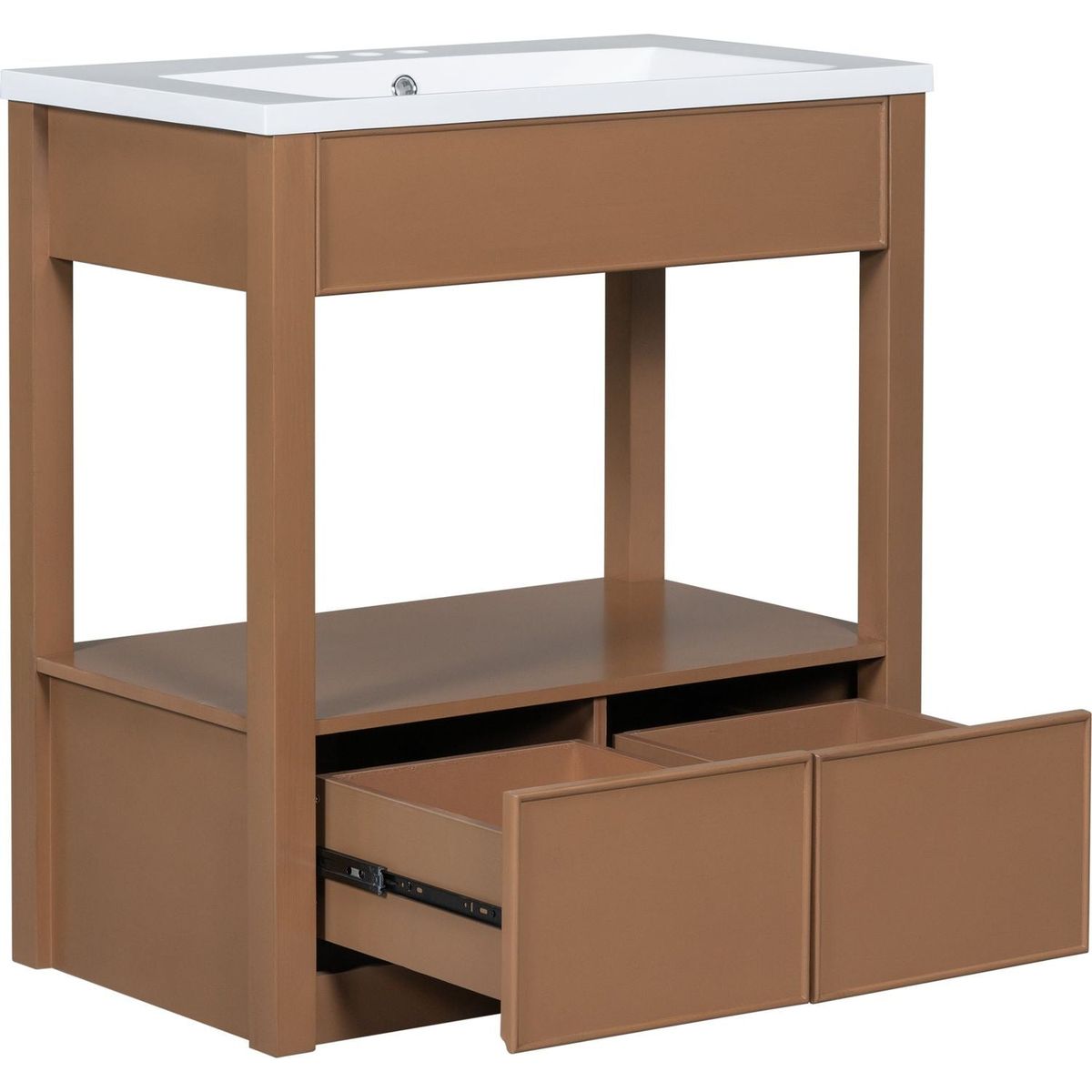 30" Bathroom Vanity with Sink Top, Bathroom Cabinet with Open Storage Shelf and Two Drawers, Brown