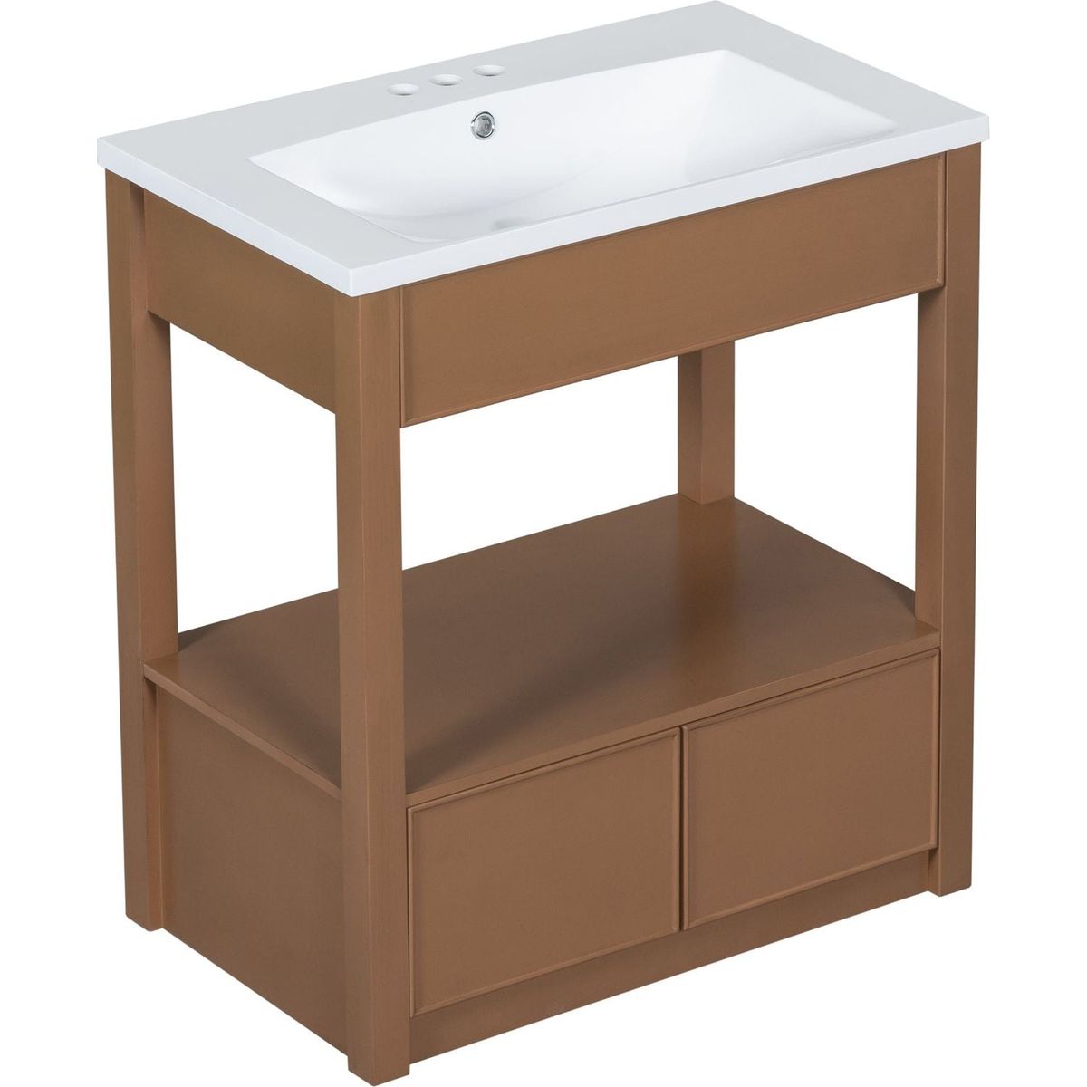 30" Bathroom Vanity with Sink Top, Bathroom Cabinet with Open Storage Shelf and Two Drawers, Brown