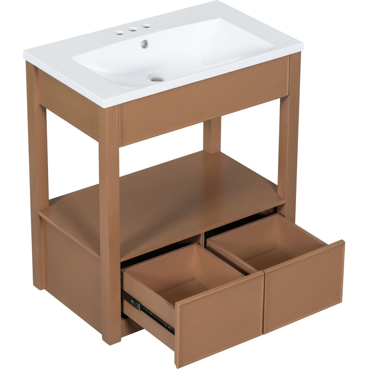 30" Bathroom Vanity with Sink Top, Bathroom Cabinet with Open Storage Shelf and Two Drawers, Brown