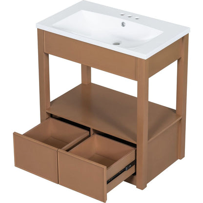 30" Bathroom Vanity with Sink Top, Bathroom Cabinet with Open Storage Shelf and Two Drawers, Brown