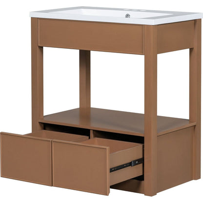 30" Bathroom Vanity with Sink Top, Bathroom Cabinet with Open Storage Shelf and Two Drawers, Brown