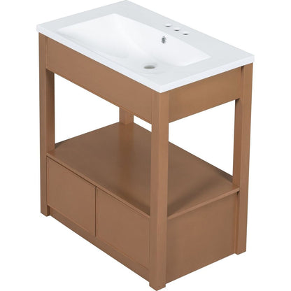 30" Bathroom Vanity with Sink Top, Bathroom Cabinet with Open Storage Shelf and Two Drawers, Brown