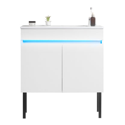 30" Bathroom Vanity with Sink, Radar Sensing Light, Large Storage Space and Metal legs, Wall Mounted/Standing Bathroom Vanity Sink, White