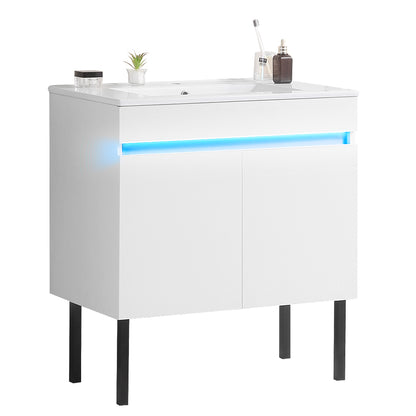 30" Bathroom Vanity with Sink, Radar Sensing Light, Large Storage Space and Metal legs, Wall Mounted/Standing Bathroom Vanity Sink, White