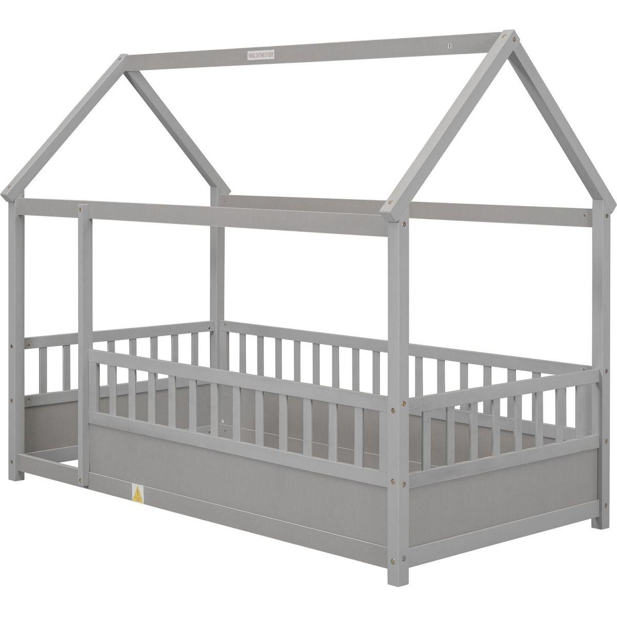 Twin Size Floor Wooden Bed with House Roof Frame, Fence Guardrails,Grey