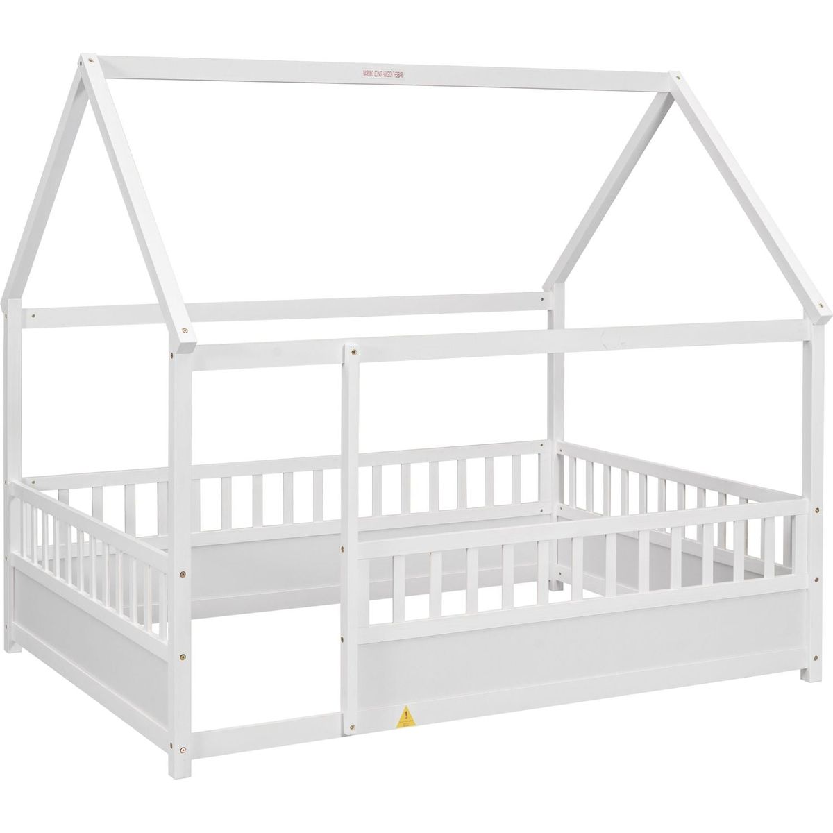 Full Size Floor Wooden Bed with House Roof Frame, Fence Guardrails,White