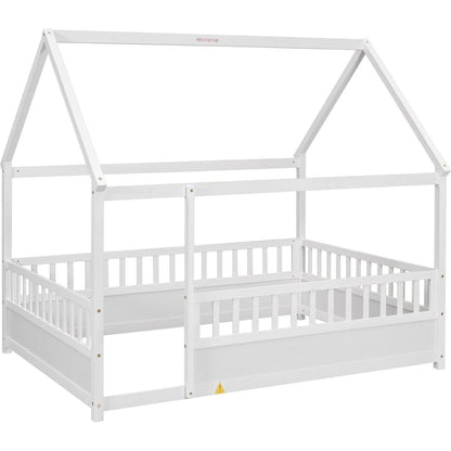 Full Size Floor Wooden Bed with House Roof Frame, Fence Guardrails,White