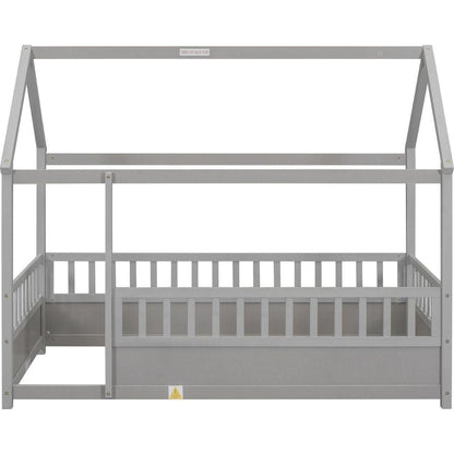 Twin Size Floor Wooden Bed with House Roof Frame, Fence Guardrails,Grey
