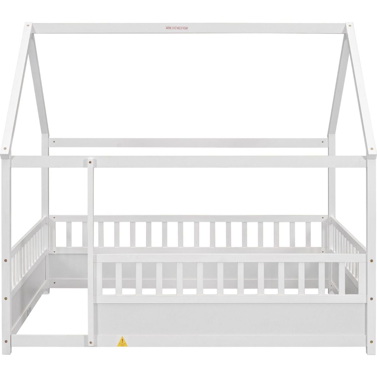 Full Size Floor Wooden Bed with House Roof Frame, Fence Guardrails,White