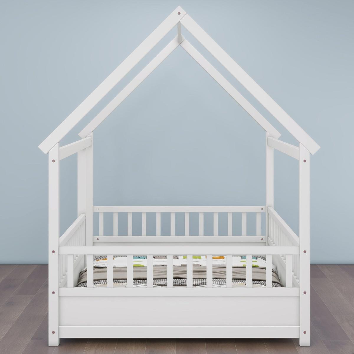Full Size Floor Wooden Bed with House Roof Frame, Fence Guardrails,White