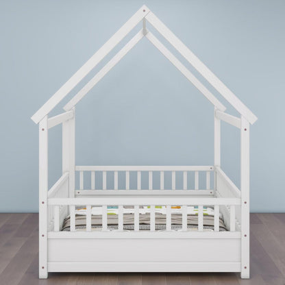 Full Size Floor Wooden Bed with House Roof Frame, Fence Guardrails,White