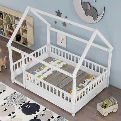 Full Size Floor Wooden Bed with House Roof Frame, Fence Guardrails,White
