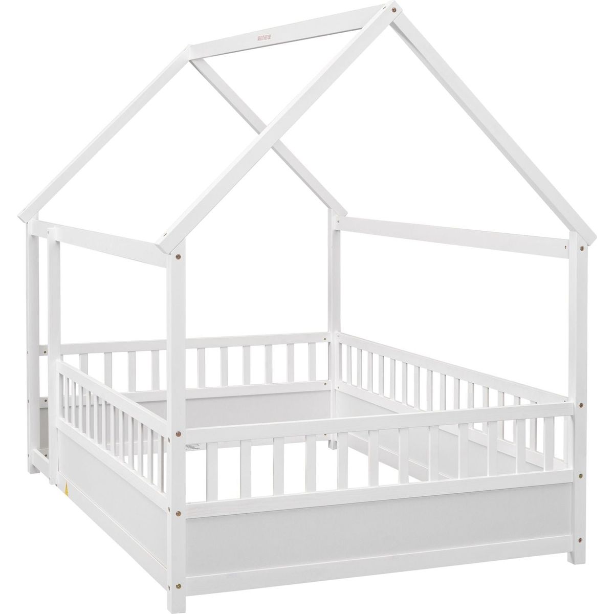 Full Size Floor Wooden Bed with House Roof Frame, Fence Guardrails,White