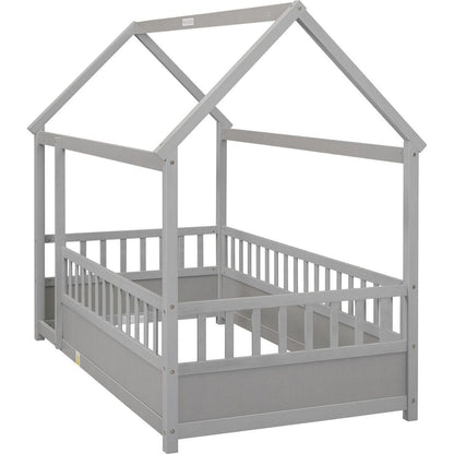 Twin Size Floor Wooden Bed with House Roof Frame, Fence Guardrails,Grey