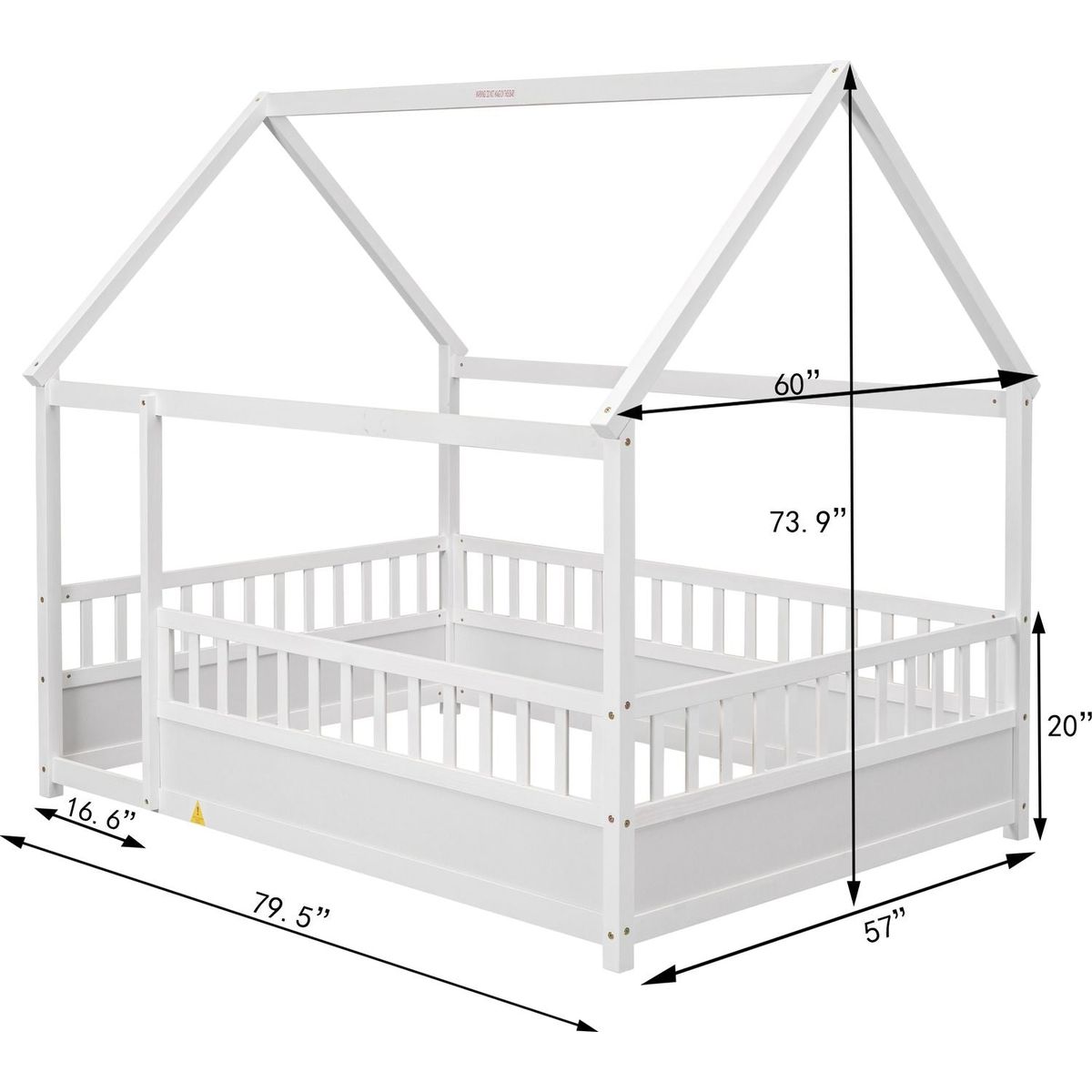Full Size Floor Wooden Bed with House Roof Frame, Fence Guardrails,White