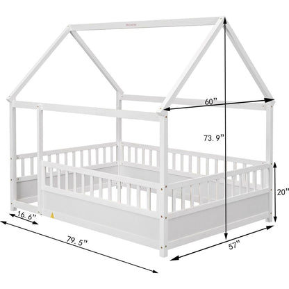 Full Size Floor Wooden Bed with House Roof Frame, Fence Guardrails,White