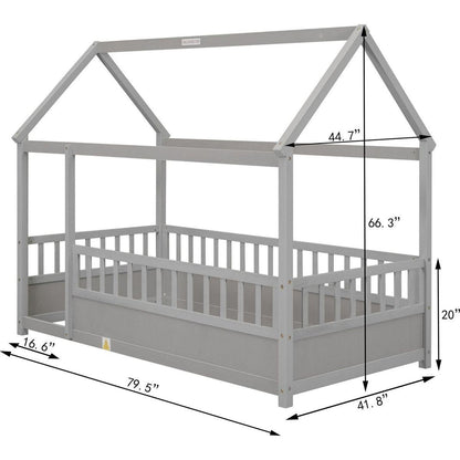 Twin Size Floor Wooden Bed with House Roof Frame, Fence Guardrails,Grey