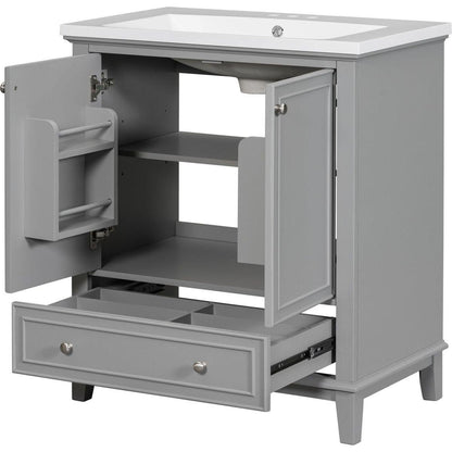 30" Bathroom Vanity with Sink Combo, Multi-functional Bathroom Cabinet with Doors and Drawer, Solid Frame and MDF Board, Grey