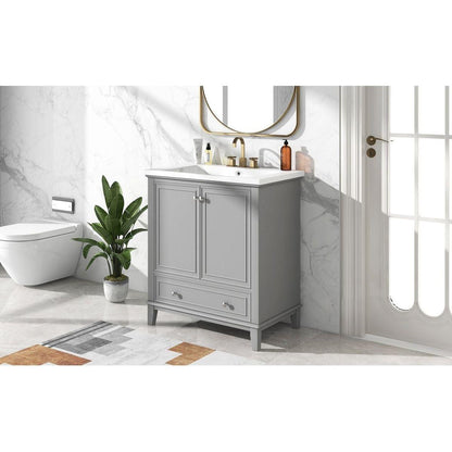 30" Bathroom Vanity with Sink Combo, Multi-functional Bathroom Cabinet with Doors and Drawer, Solid Frame and MDF Board, Grey