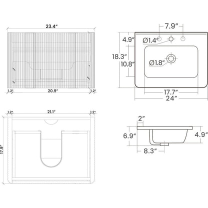 U046-Etna24W-305 Etna 24" Striped Walnut Bathroom Vanity with White Ceramic Sink, Wall Mounted Floating Bathroom Vanity for Modern Bathroom, Pre-assembled