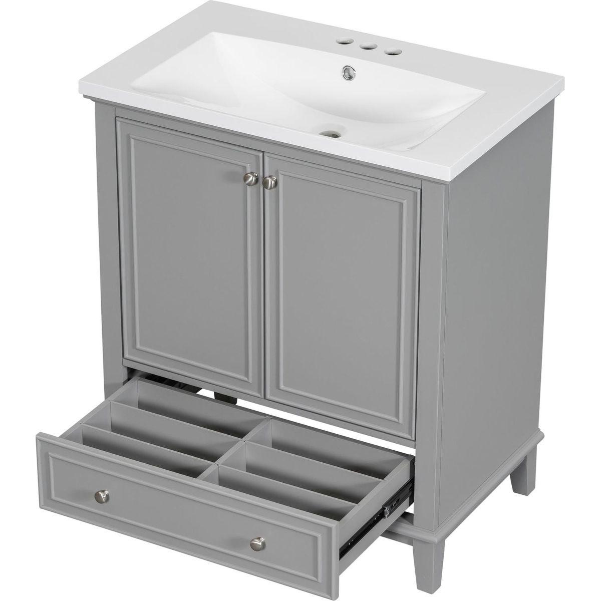 30" Bathroom Vanity with Sink Combo, Multi-functional Bathroom Cabinet with Doors and Drawer, Solid Frame and MDF Board, Grey