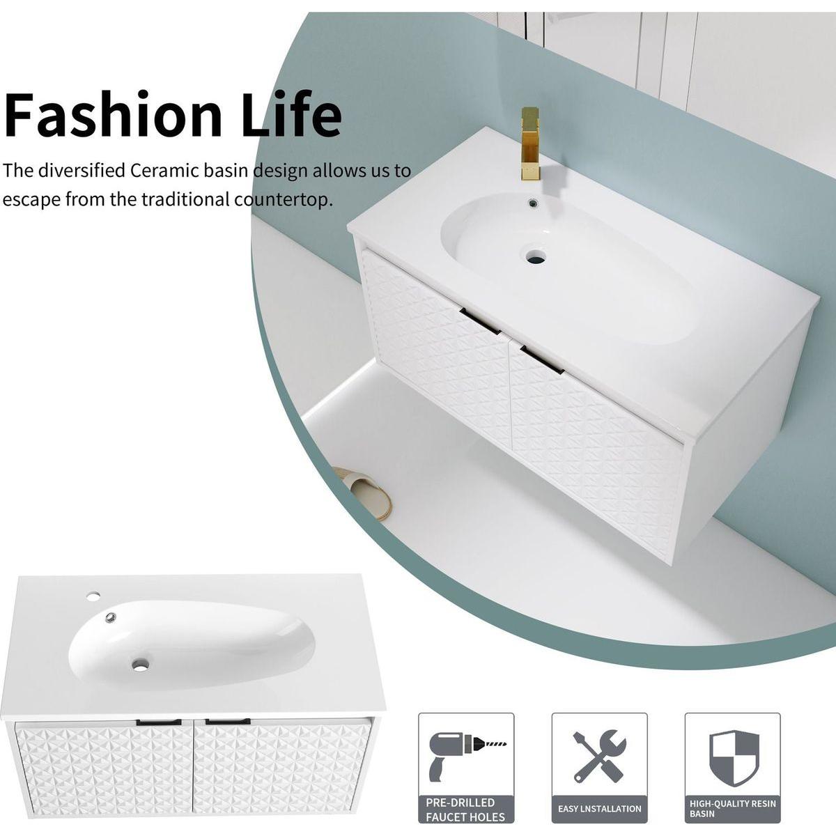 36 Inch Wall Mounted Bathroom Vanity With Sink, Soft Close Doors (KD-PACKING)