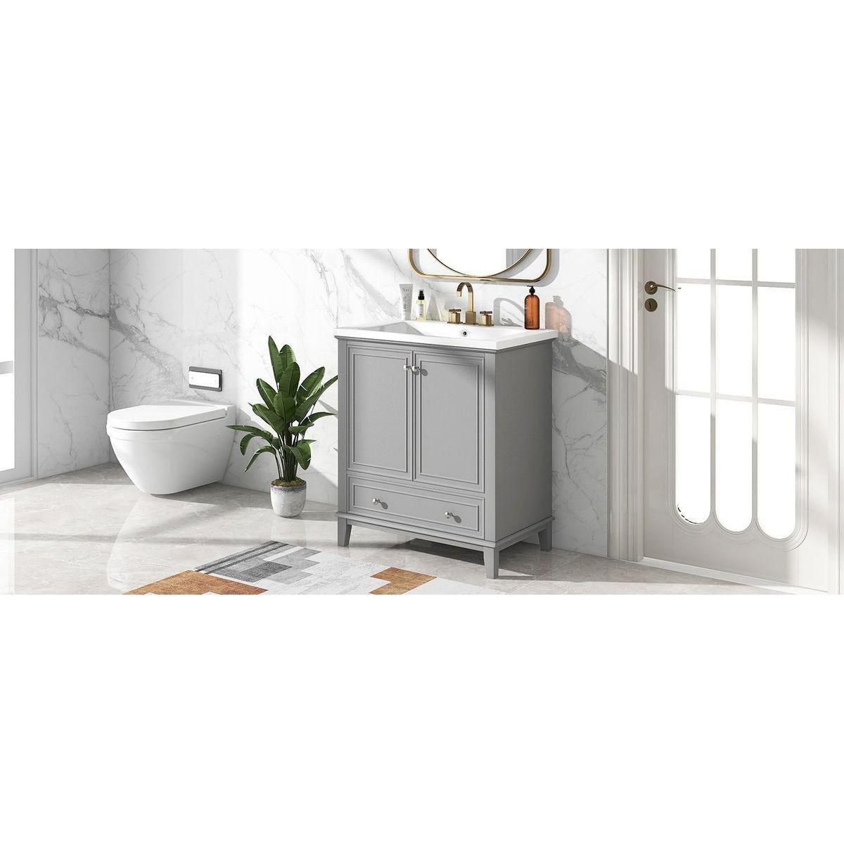 30" Bathroom Vanity with Sink Combo, Multi-functional Bathroom Cabinet with Doors and Drawer, Solid Frame and MDF Board, Grey