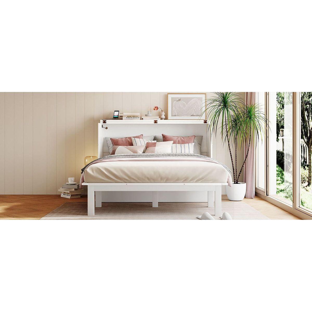Queen Size Murphy Bed with USB Port and removable Shelves on Each Side,White
