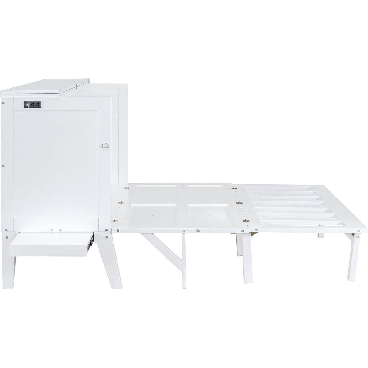 Queen Size Murphy Bed with USB Port and removable Shelves on Each Side,White