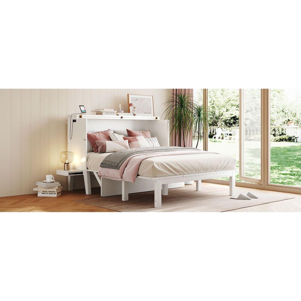 Queen Size Murphy Bed with USB Port and removable Shelves on Each Side,White