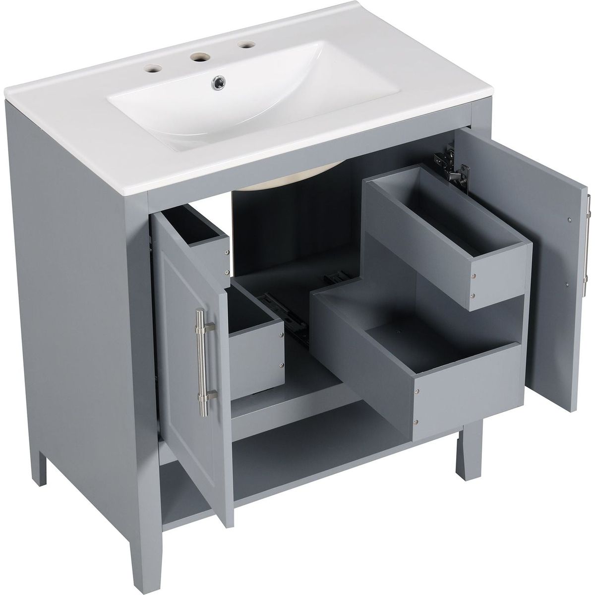 30" Bathroom Vanity with Sink, Multi-functional Bathroom Cabinet with Doors and Drawers, Solid Frame and MDF Board, Grey