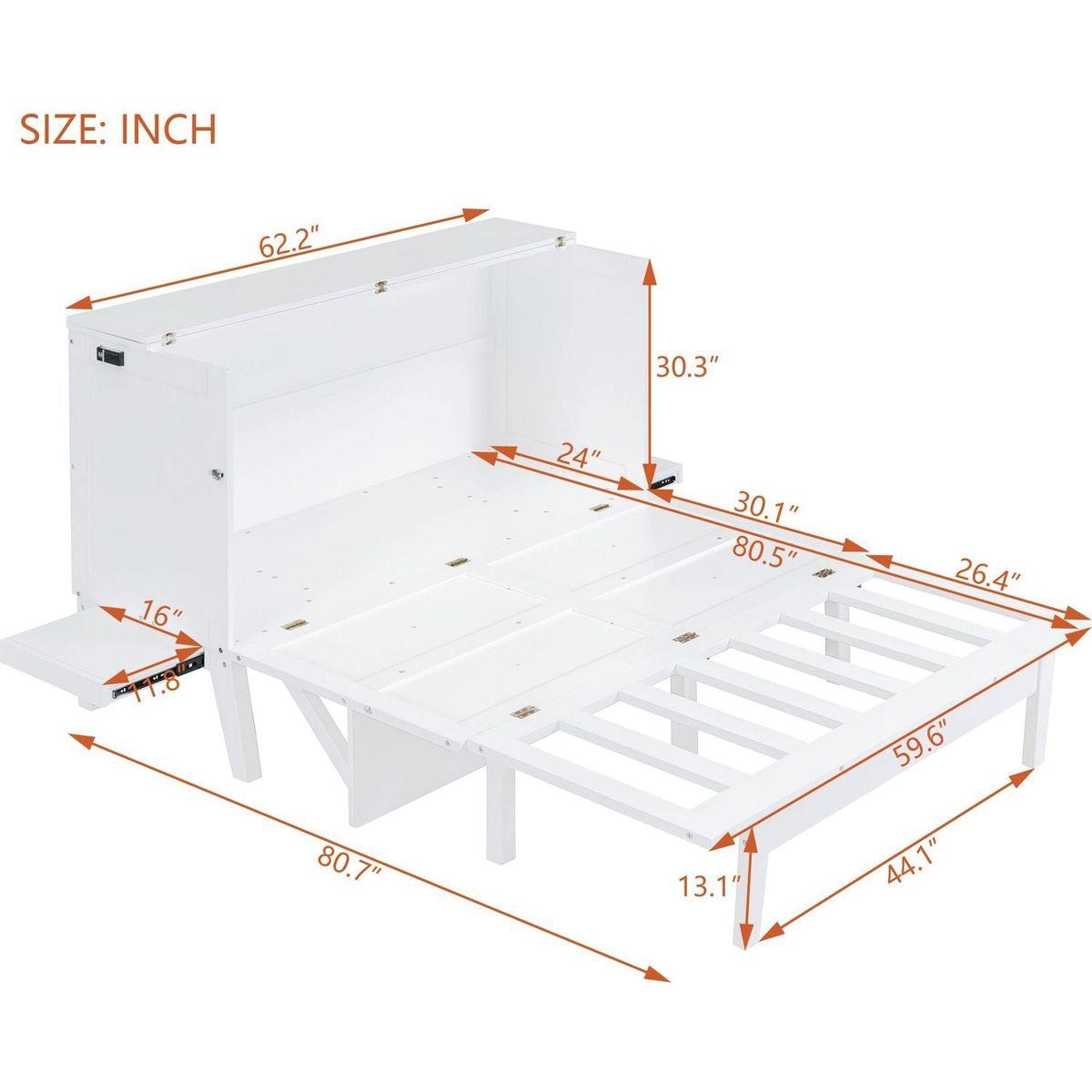 Queen Size Murphy Bed with USB Port and removable Shelves on Each Side,White