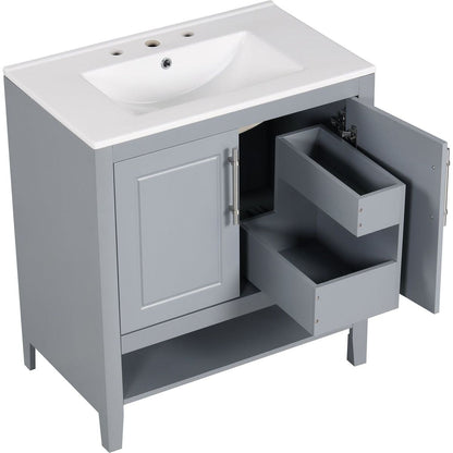 30" Bathroom Vanity with Sink, Multi-functional Bathroom Cabinet with Doors and Drawers, Solid Frame and MDF Board, Grey