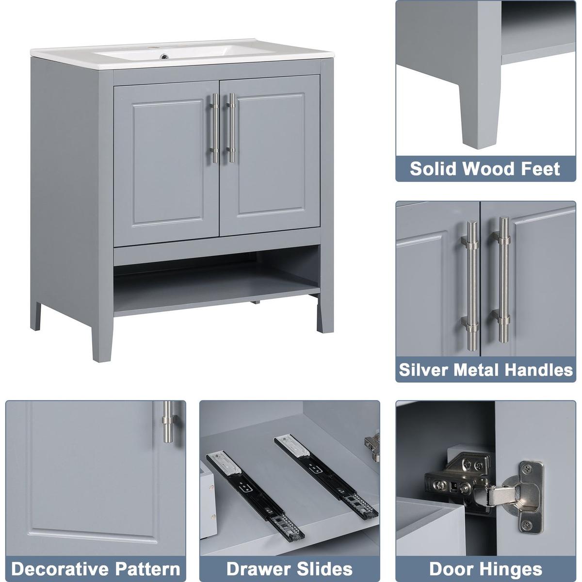 30" Bathroom Vanity with Sink, Multi-functional Bathroom Cabinet with Doors and Drawers, Solid Frame and MDF Board, Grey