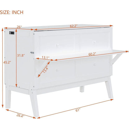 Queen Size Murphy Bed with USB Port and removable Shelves on Each Side,White